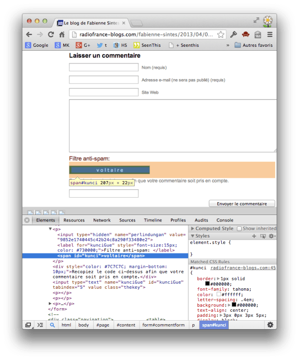 Capture d'écran d'un navigateur web avec la vue utilisateur et le code source d'un CAPTCHA, où celui-ci apparaît autant lisible par un bot que par un humain