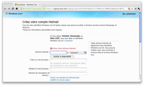 Hotmail Écran de création d'un compte mail Hotmail