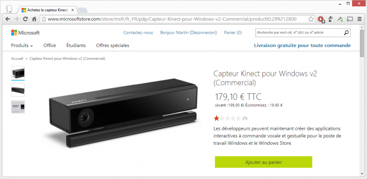 Capture d'écran de la page produit du Capteur Kinect pour Windows v2 sur le Microsoft Store