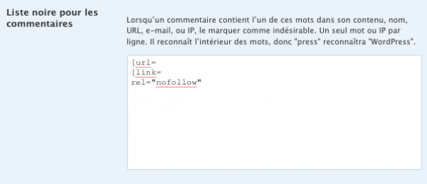 Liste noire Liste noire de mots-clés régulièrement contenus dans du spam de blogs
