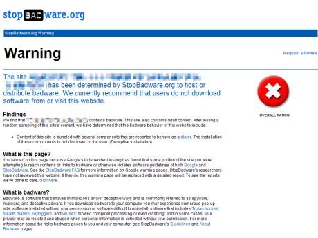 Avertissement Stop Badware sur la diffusion de logiciels malveillants par un site Internet