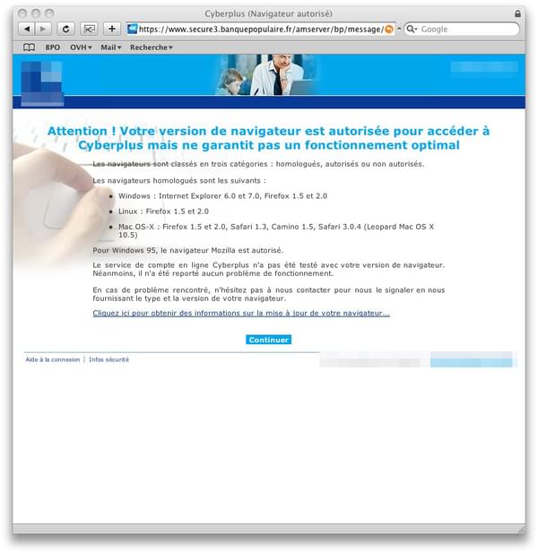 Avertissement Avertissement d\'incompatibilité sur le site web de ma banque