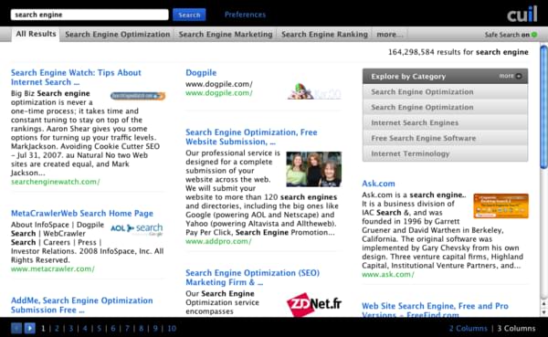 Résultats de recherche Cuil Résultat de recherche sur le terme anglophone « search engine » sur Cuil