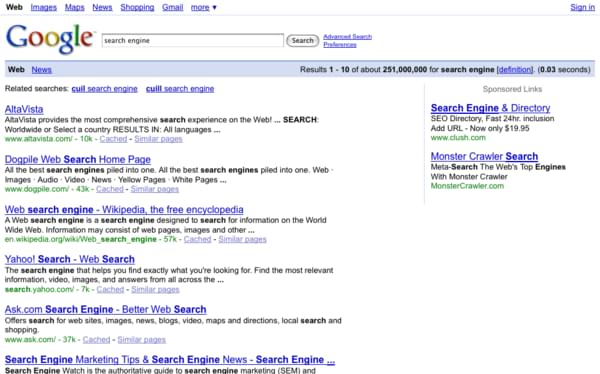 Résultat de recherche sur le terme anglophone « search engine » sur la version américaine de Google