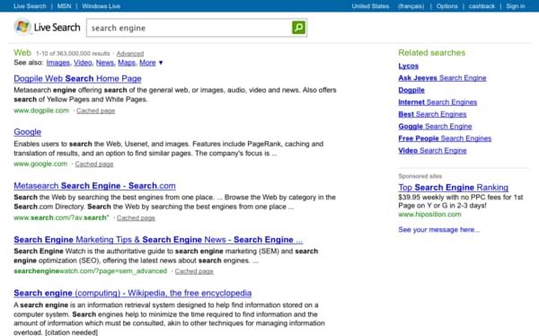 Résultats de recherche sur Live Search Résultat de recherche sur le terme anglophone « search engine » sur la version américaine du moteur de recherche Live Search