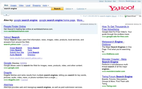 Résultat de recherche sur le terme anglophone « search engine » sur la version américaine du moteur de recherche Yahoo! Search