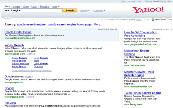 Résultats de recherche sur Yahoo! Search Résultat de recherche sur le terme anglophone « search engine » sur la version américaine du moteur de recherche Yahoo! Search