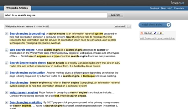 Résultats de recherche la question, en anglais, « what is a search engine? » sur le moteur de recherche Powerset