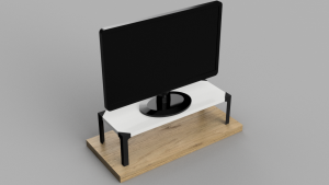 Support surélevant un écran d'ordinateur posé sur une planche à bois (vue ¾)