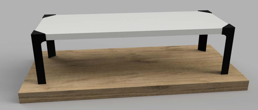 Un support pour écran informatique posé sur une planche de bois, représenté par une planche blanche, ainsi que quatre pieds noirs à ses coins